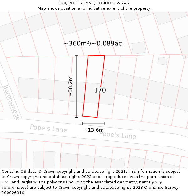 170, POPES LANE, LONDON, W5 4NJ: Plot and title map