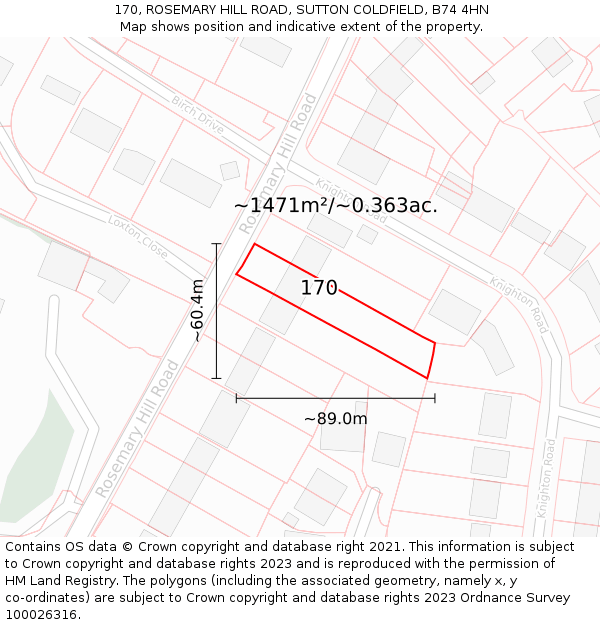 170, ROSEMARY HILL ROAD, SUTTON COLDFIELD, B74 4HN: Plot and title map