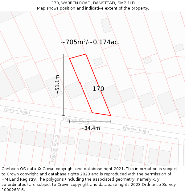 170, WARREN ROAD, BANSTEAD, SM7 1LB: Plot and title map