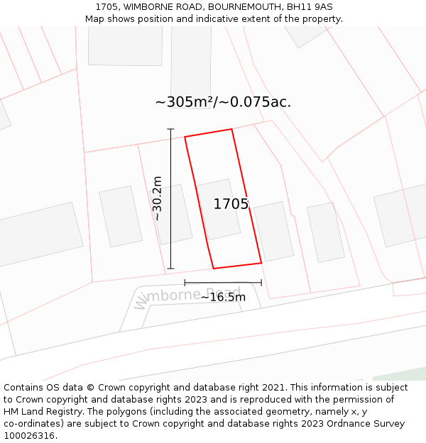 1705, WIMBORNE ROAD, BOURNEMOUTH, BH11 9AS: Plot and title map