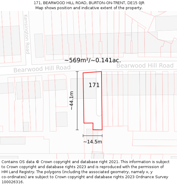 171, BEARWOOD HILL ROAD, BURTON-ON-TRENT, DE15 0JR: Plot and title map