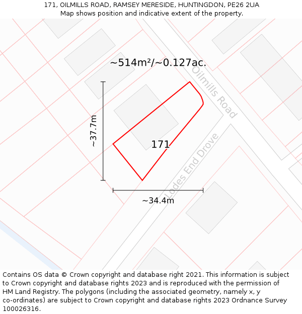 171, OILMILLS ROAD, RAMSEY MERESIDE, HUNTINGDON, PE26 2UA: Plot and title map