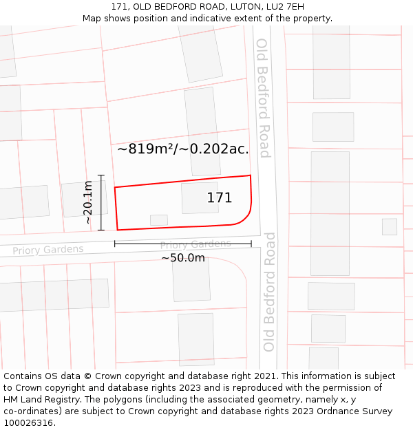 171, OLD BEDFORD ROAD, LUTON, LU2 7EH: Plot and title map