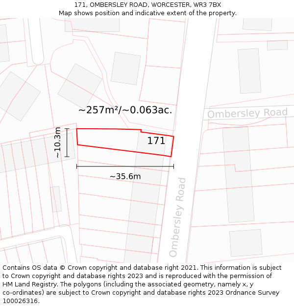 171, OMBERSLEY ROAD, WORCESTER, WR3 7BX: Plot and title map