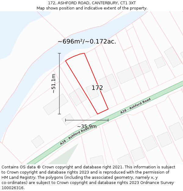 172, ASHFORD ROAD, CANTERBURY, CT1 3XT: Plot and title map