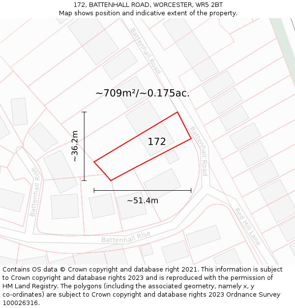 172, BATTENHALL ROAD, WORCESTER, WR5 2BT: Plot and title map