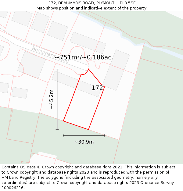 172, BEAUMARIS ROAD, PLYMOUTH, PL3 5SE: Plot and title map