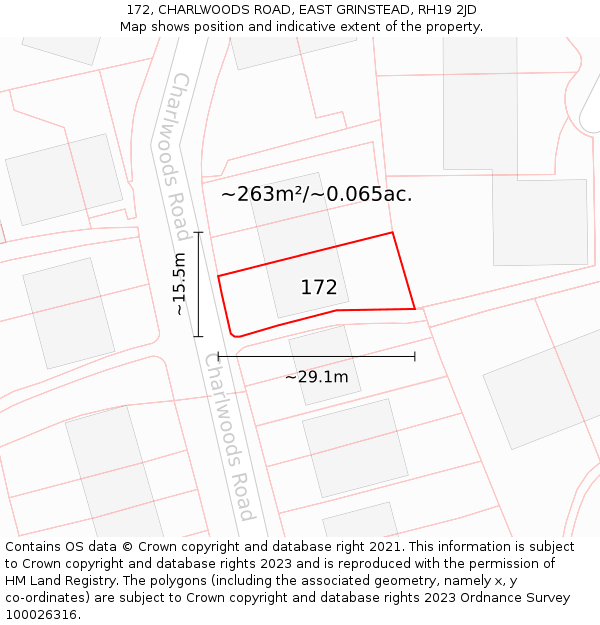 172, CHARLWOODS ROAD, EAST GRINSTEAD, RH19 2JD: Plot and title map