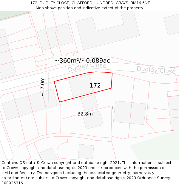 172, DUDLEY CLOSE, CHAFFORD HUNDRED, GRAYS, RM16 6NT: Plot and title map