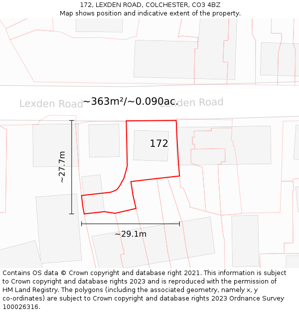 172, LEXDEN ROAD, COLCHESTER, CO3 4BZ: Plot and title map