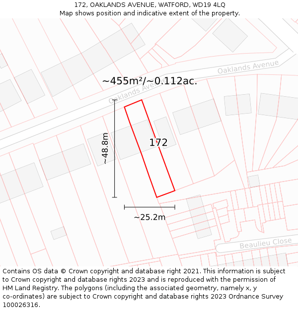 172, OAKLANDS AVENUE, WATFORD, WD19 4LQ: Plot and title map