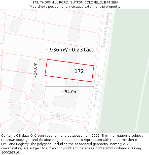 172, THORNHILL ROAD, SUTTON COLDFIELD, B74 2EH: Plot and title map