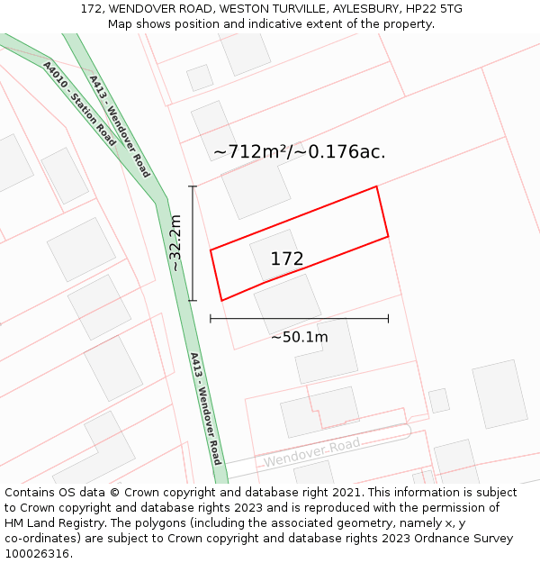 172, WENDOVER ROAD, WESTON TURVILLE, AYLESBURY, HP22 5TG: Plot and title map