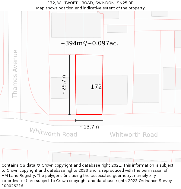 172, WHITWORTH ROAD, SWINDON, SN25 3BJ: Plot and title map