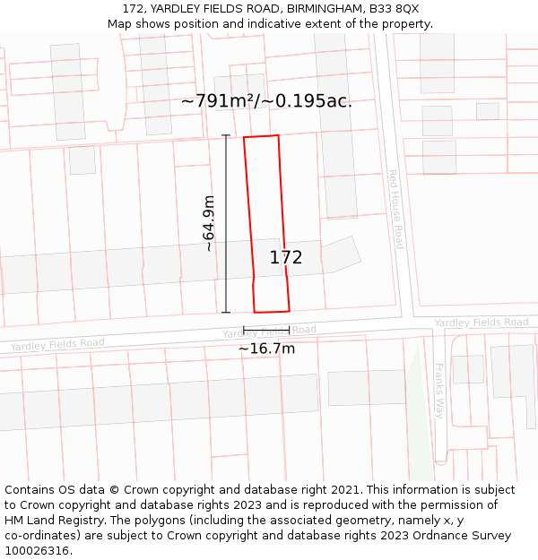 172, YARDLEY FIELDS ROAD, BIRMINGHAM, B33 8QX: Plot and title map