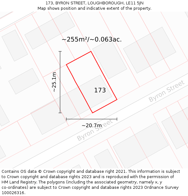173, BYRON STREET, LOUGHBOROUGH, LE11 5JN: Plot and title map