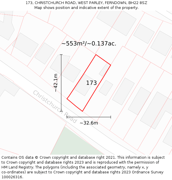173, CHRISTCHURCH ROAD, WEST PARLEY, FERNDOWN, BH22 8SZ: Plot and title map