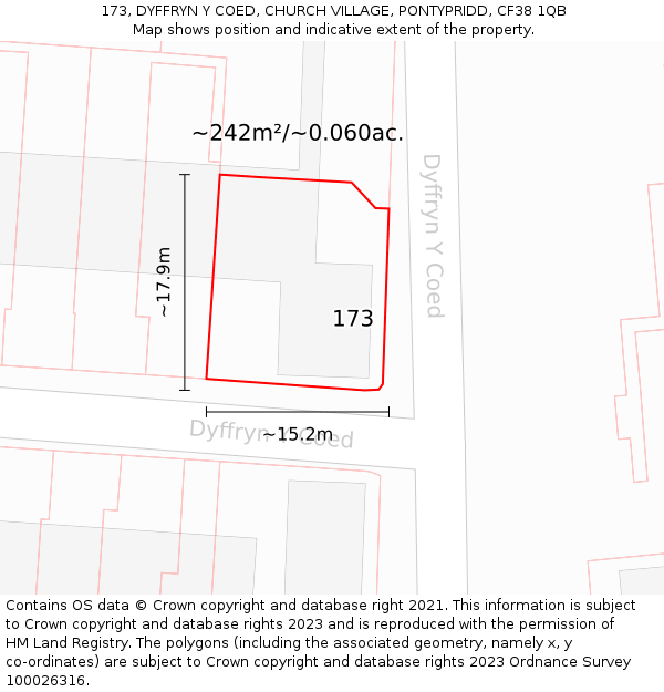 173, DYFFRYN Y COED, CHURCH VILLAGE, PONTYPRIDD, CF38 1QB: Plot and title map