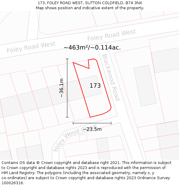 173, FOLEY ROAD WEST, SUTTON COLDFIELD, B74 3NX: Plot and title map