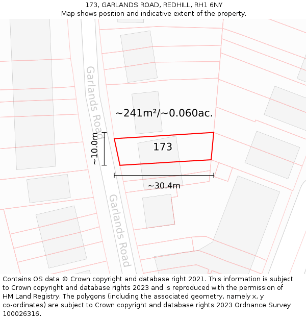 173, GARLANDS ROAD, REDHILL, RH1 6NY: Plot and title map