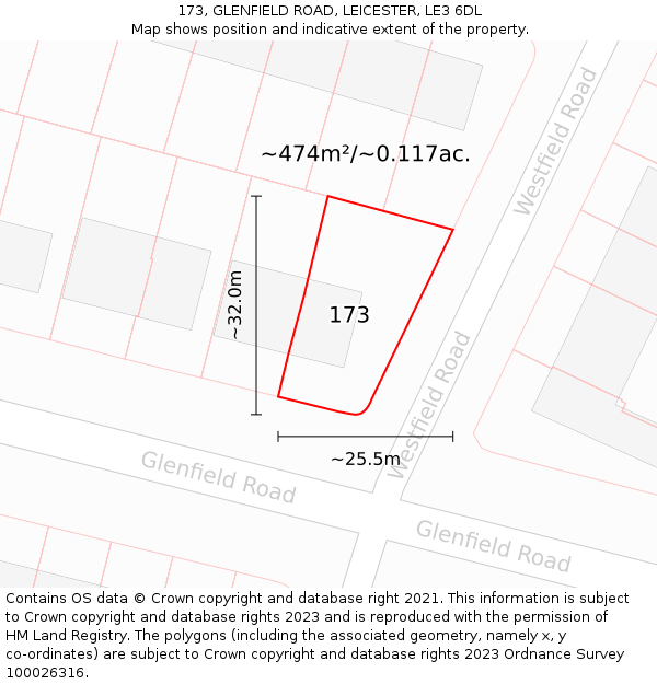 173, GLENFIELD ROAD, LEICESTER, LE3 6DL: Plot and title map