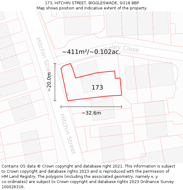 173, HITCHIN STREET, BIGGLESWADE, SG18 8BP: Plot and title map