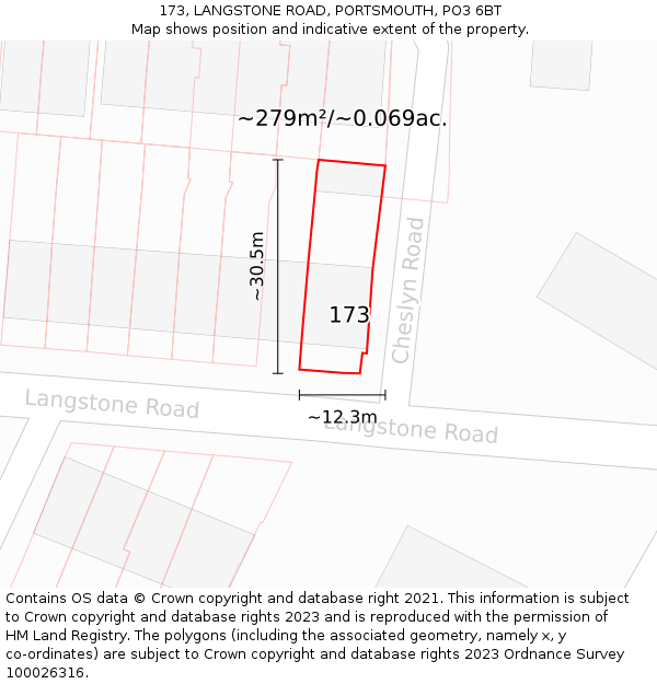 173, LANGSTONE ROAD, PORTSMOUTH, PO3 6BT: Plot and title map