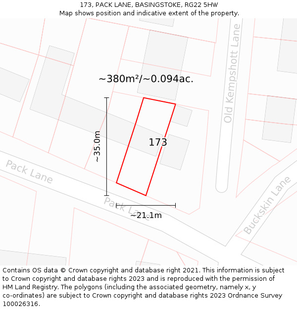 173, PACK LANE, BASINGSTOKE, RG22 5HW: Plot and title map