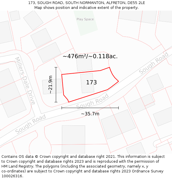 173, SOUGH ROAD, SOUTH NORMANTON, ALFRETON, DE55 2LE: Plot and title map