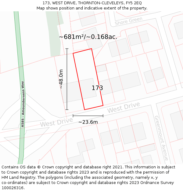 173, WEST DRIVE, THORNTON-CLEVELEYS, FY5 2EQ: Plot and title map