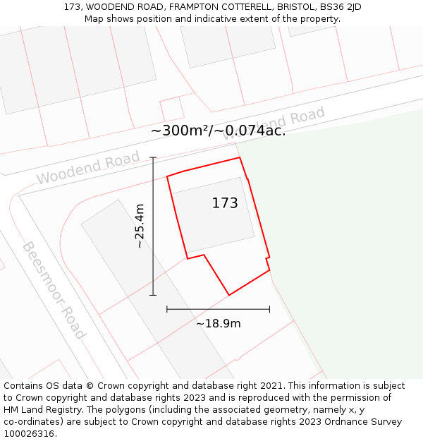 173, WOODEND ROAD, FRAMPTON COTTERELL, BRISTOL, BS36 2JD: Plot and title map