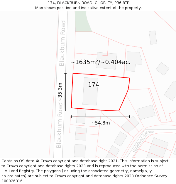 174, BLACKBURN ROAD, CHORLEY, PR6 8TP: Plot and title map