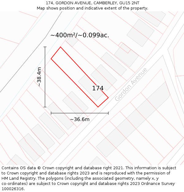 174, GORDON AVENUE, CAMBERLEY, GU15 2NT: Plot and title map