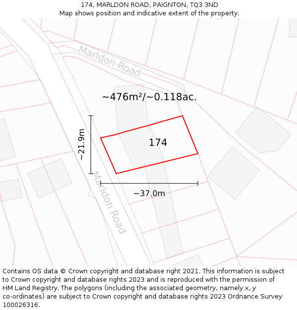 174, MARLDON ROAD, PAIGNTON, TQ3 3ND: Plot and title map