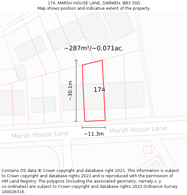 174, MARSH HOUSE LANE, DARWEN, BB3 3SD: Plot and title map