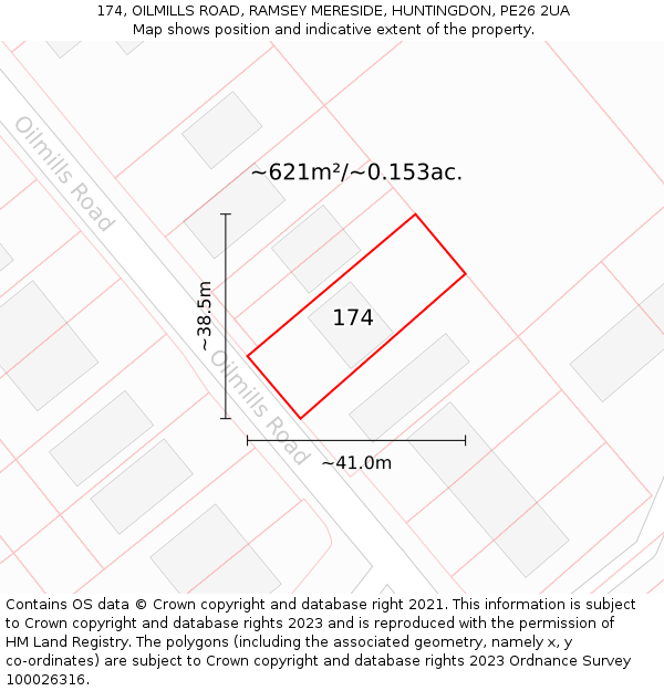 174, OILMILLS ROAD, RAMSEY MERESIDE, HUNTINGDON, PE26 2UA: Plot and title map