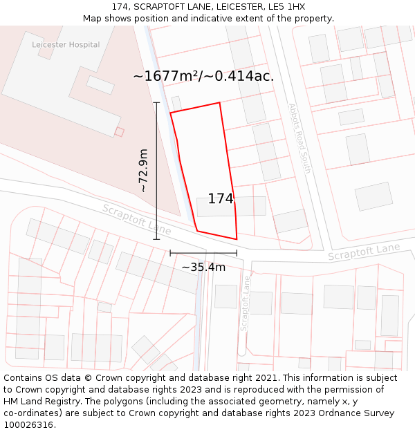 174, SCRAPTOFT LANE, LEICESTER, LE5 1HX: Plot and title map