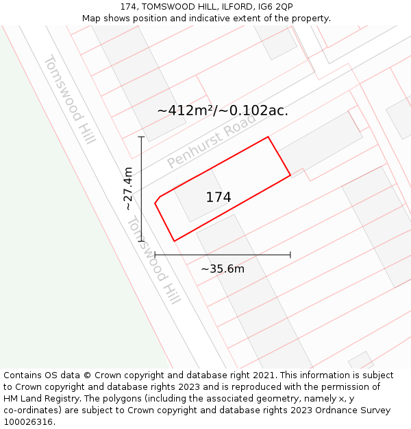174, TOMSWOOD HILL, ILFORD, IG6 2QP: Plot and title map