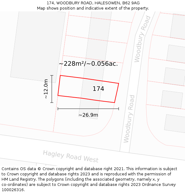 174, WOODBURY ROAD, HALESOWEN, B62 9AG: Plot and title map