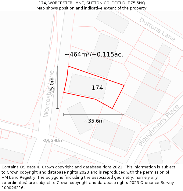 174, WORCESTER LANE, SUTTON COLDFIELD, B75 5NQ: Plot and title map