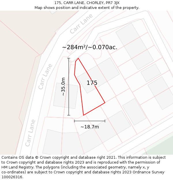 175, CARR LANE, CHORLEY, PR7 3JX: Plot and title map