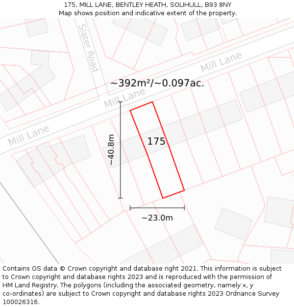 175, MILL LANE, BENTLEY HEATH, SOLIHULL, B93 8NY: Plot and title map