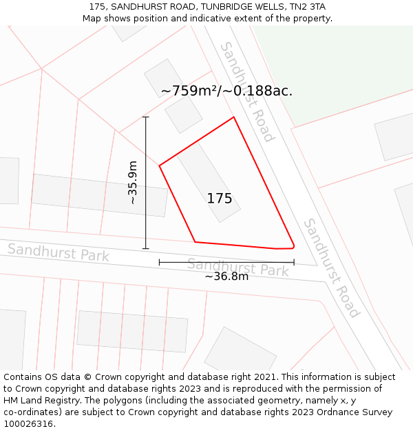 175, SANDHURST ROAD, TUNBRIDGE WELLS, TN2 3TA: Plot and title map