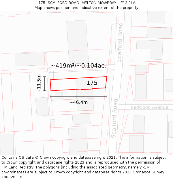 175, SCALFORD ROAD, MELTON MOWBRAY, LE13 1LA: Plot and title map