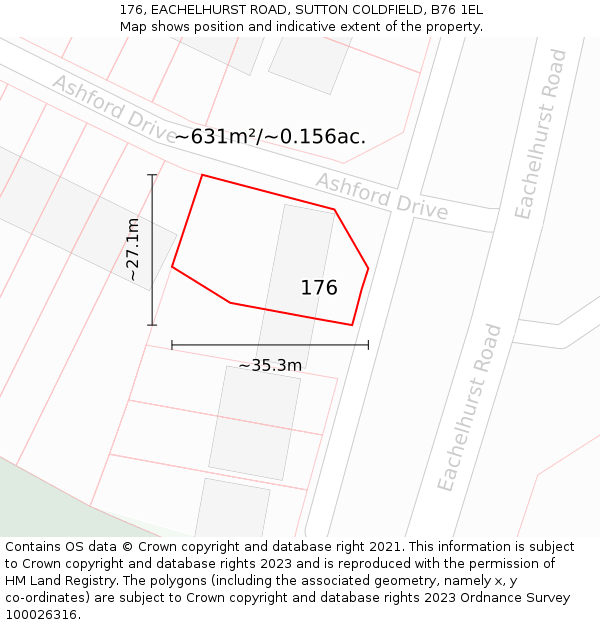 176, EACHELHURST ROAD, SUTTON COLDFIELD, B76 1EL: Plot and title map