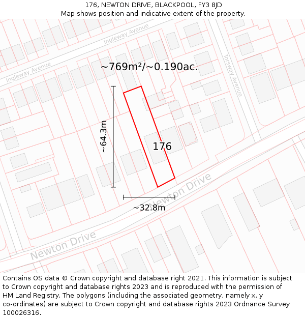 176, NEWTON DRIVE, BLACKPOOL, FY3 8JD: Plot and title map