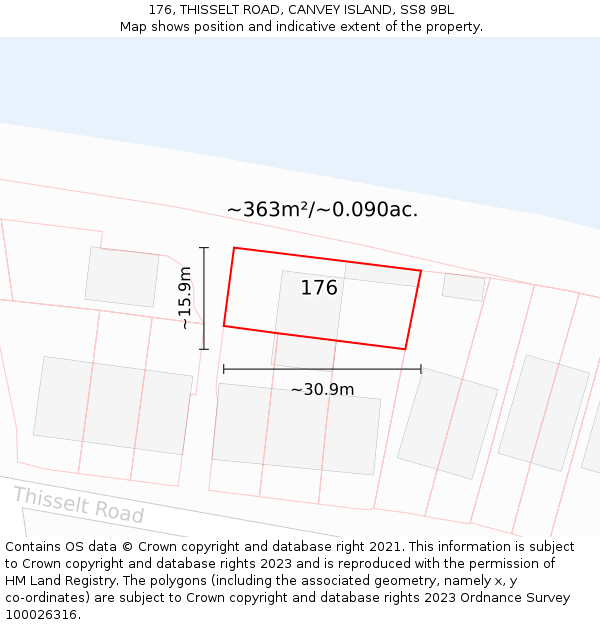176, THISSELT ROAD, CANVEY ISLAND, SS8 9BL: Plot and title map