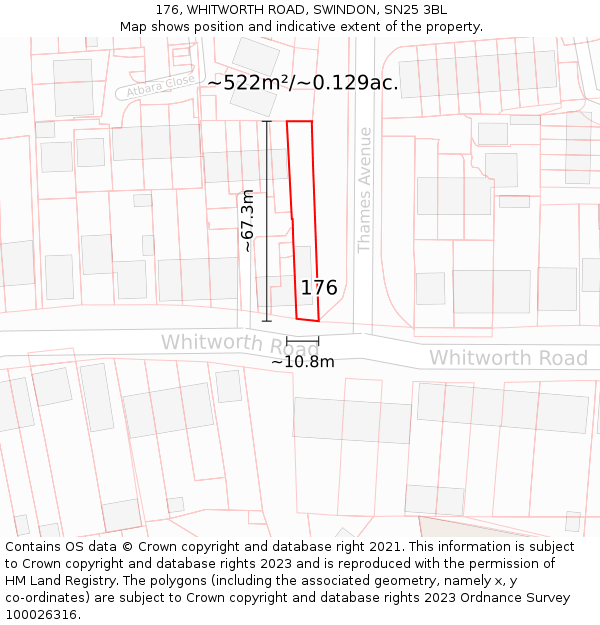 176, WHITWORTH ROAD, SWINDON, SN25 3BL: Plot and title map