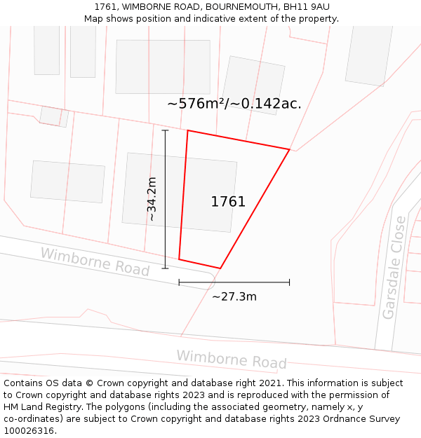 1761, WIMBORNE ROAD, BOURNEMOUTH, BH11 9AU: Plot and title map