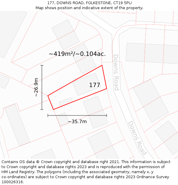 177, DOWNS ROAD, FOLKESTONE, CT19 5PU: Plot and title map